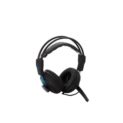 A black and blue gaming headset is shown against a white background.