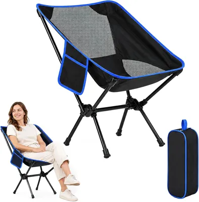 Image de Chaise pliante, chaise de camping, capacité de charge de 135 kg, sac de rangement, pour camping, noire et bleue