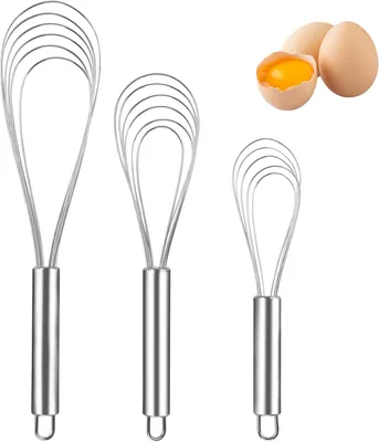 Produktbild von Set von 3 Edelstahl Flachbesen 8", 10", 12" zum Kochen, Mischen, Schlagen, Langlebig, Lebensmittelecht Silikon