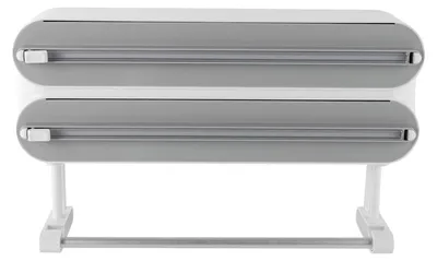 Immagine prodotto di Dispenser da parete per pellicola trasparente e tagliacellophane – 3 funzioni in 1 – Adatto per rotoli fino a 57 mm – Multifunzionale – Superficie liscia e facile da pulire