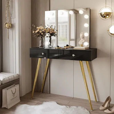 Produktbild von SIENNA GOLD ELITE Schminktisch mit Spiegel, Schwarz Hochglanz, Griffe - weißes Kristall