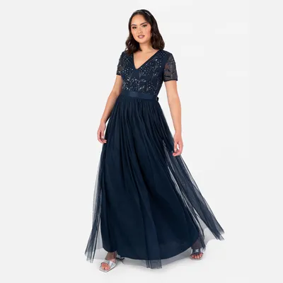 Produktbild von Maya Deluxe Damen Maxikleid, Blumenmuster, mit Pailletten verziert, V-Ausschnitt, kurze Ärmel