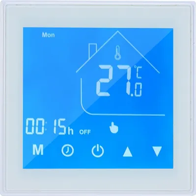 A digital thermostat display showing temperature, time, and icons.