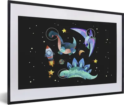 Produktbild von MuchoWow® Gerahmtes Poster Sterne - Dinosaurier - Junge - Kinder - Kinder 60x40 cm - Poster mit Schwarzem Bilderrahmen Wandposter Rahmen Foto Bilder - Schlafzimmer - Plakat in Rahmen - Drucken