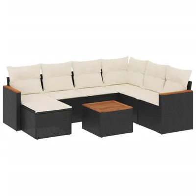 Produktbild von Gartenmöbel-Set 8-tlg., Lounge-Sofagarnitur modular, aus wetterfestem Poly Rattan, mit Akazienholz-Tischplatte und cremeweißen Kissen, Schwarz