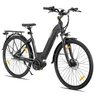 Image de Vélo électrique urbain Hiland 28 pouces pour adultes, cadre en aluminium léger, 3 vitesses, freins à disque hydrauliques, moteur sans balais de 250 W, batterie 36 V 10,4 Ah