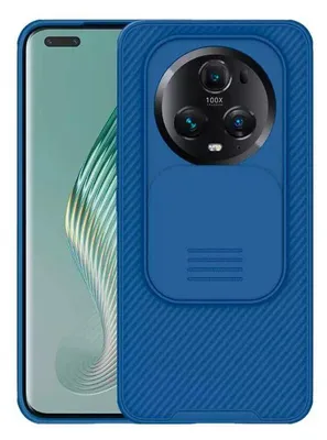 A blue phone case with a camera cover is shown on a light gray background.