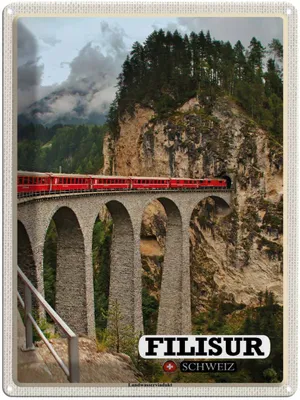 Produktbild von vianmo Blechschild 40x30 cm Filisur Schweiz Landwasserviadukt Bildmotiv Reisemotiv Abenteuer Reisen