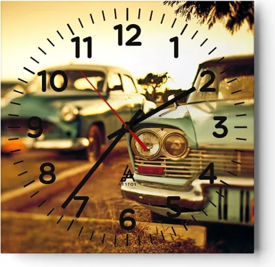 Produktbild von Wanduhr - Quadrat - Glasuhr - Auto Kuba Klassiker - 40x40cm - Schleichendes Uhrwerk - Lautlos - zum Aufhängen bereit - Dekoration Modern - Wanddekoration aus Glas - C4AC40x40-3491