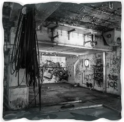 Produktbild von Wallario Premium Kissen, weiche Oberfläche, mit Motiv Alte verlassene Fabrik in schwarz weiß mit Graffiti, Größe: 60 x 60 cm, mit weißer Rückseite