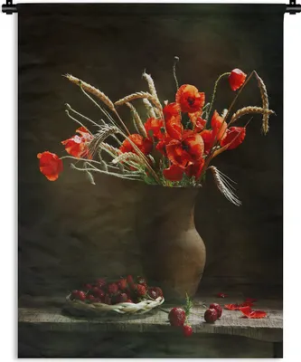 Produktbild von MuchoWow® Wandteppich Wandbehang Mohnblumen - Stilleben - Obst 90x120 cm Tapisserie Dekoration Wandtuch - Wanddeko