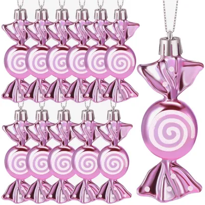 Image de Décorations de Noël en forme de bonbons, en plastique rose, lot de 12