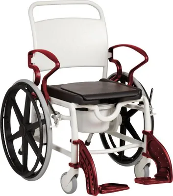 Produktbild von FabaCare Dusch- Toilettenrollstuhl Genf, 24 Zoll Räder, bis 130 kg, Germany, Premium Toilettenstuhl, Duschstuhl fahrbar, Rollstuhl mit WC Eimer, Grau-Rubinrot