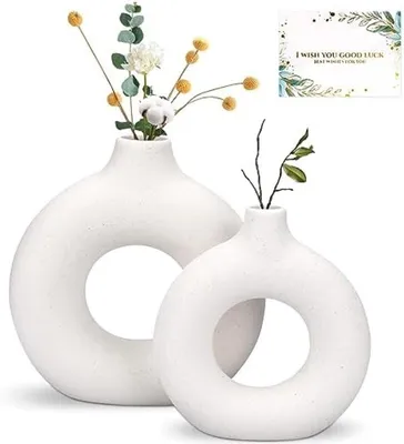 Produktbild von PromoHome® Weiße Keramik-Donut-Vase Set - Handgefertigtes Design für Innendekoration