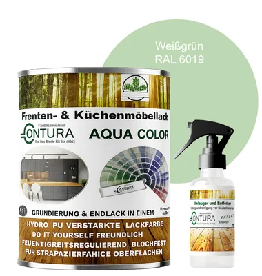Produktbild von 750ml. + Anlauger - Contura Küchenmöbellack RAL Möbellack SEIDENMATT SET Möbelfarbe Holzlack Buntlack Küchenlack - RAL 6019 Weißgrün
