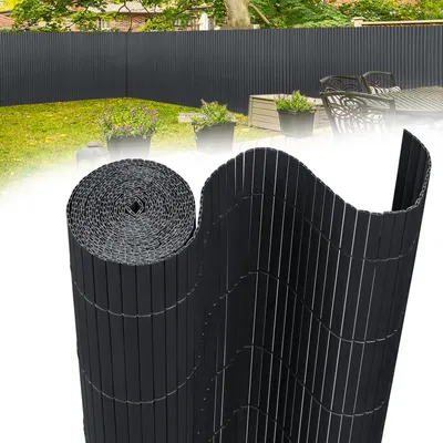 A rolled-up black privacy screen is shown in the foreground, with a black privacy fence and a garden scene in the background.