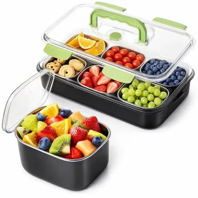Produktbild von Snackbox mit 6 Behältern aus Edelstahl - Lebensmittel getrennt aufbewahren - Mit Deckeln & Griff - Wiederverwendbare Lunchbox - Meal Prep, Picknick, Schule - Snackbox Edelstahlbehälter