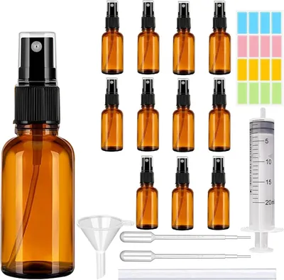 Imagen del producto de Botellas de vidrio para pulverizar, de 30 ml, color marrón, 12 unidades, con embudo y gotero, para agua y cosméticos