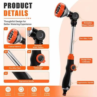 Produktbild von Gartensprinkler, langer Gießstab, Metall, 8 verschiedene Sprühaufsätze mit Daumenbedienung, um 180 Grad schwenkbares Mundstück, tropfsicher