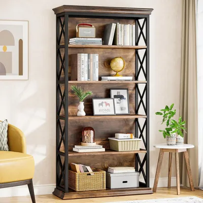 Image de Étagère bibliothèque, 6 niveaux, style industriel, couleur marron et noir, dimensions : 79,97 x 30 x 180 cm