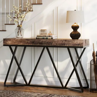Obrázek produktu pro Konzolový stolek do předsíně – 140 cm, stolek za pohovkou – úzký obdélníkový design – kovová konstrukce s odkládací plochou – předsíň, vstupní prostor – tmavě hnědá