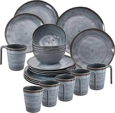 Imagen del producto de Juego de vajilla de melamina para camping, color gris, para 6 personas, 24 piezas (platos y tazas)