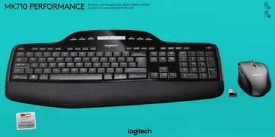 A Logitech MK710 wireless keyboard and mouse set is displayed against a teal background.