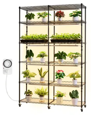 Image de SucceBuy Étagère à plantes à 6 niveaux avec lampe de culture, support à plantes à double rangée pour l'intérieur avec roulettes et minuterie, LED à spectre complet de 200 W, support à fleurs pour la culture, 120 x 35 x 180 cm