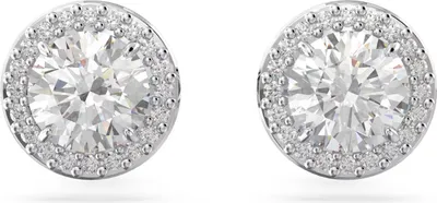 A pair of silver stud earrings with clear gemstones, presented on a white background.