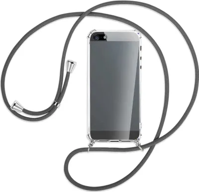 Produktbild von Handykette Backcover-Schutzhülle mit Band (Metall silberfarben) für Apple iPhone 5, 5S, SE - dunkelgrau