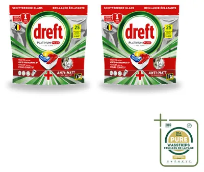 Produktbild von 2 x Dreft Platinum Plus All-in-One Geschirrspültabs - Zitrone - 25 Tabs - Vorratspackung - 2 Stücke