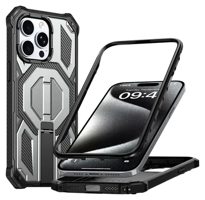 Produktbild von Magnetische Hülle für iPhone 15 Pro, Kompatibel mit MagSafe, Mit Metall-Ständer, Militärischer Stoßschutz Handyhülle Grau