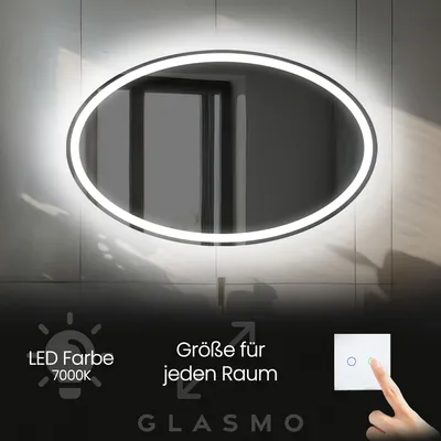 Produktbild von Badspiegel mit Beleuchtung 100x50 cm India - Horizontal Oval Spiegel mit LED Beleuchtung - Kaltweiß 7000K - Badezimmerspiegel Lichtspiegel