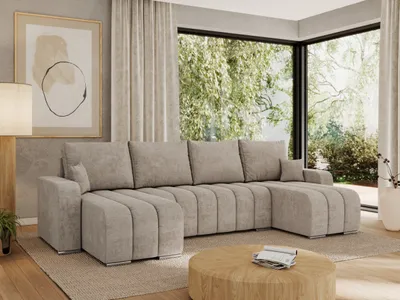Produktbild von MKS MEBLE Sofa mit Schlaffunktion - Ecksofa mit Schlaffunktion und Bettkasten - Sofa 5 Sitzer - Schlafsofa - Couch - Schlafsofa mit Bettkasten - Kirasso U -Beige Struktur