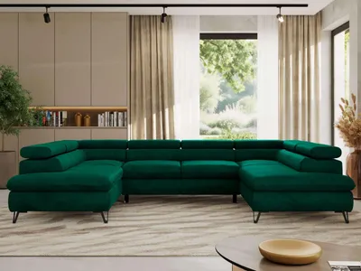 Produktbild von Ecksofa mit Schlaffunktion, Bettkasten, U-form, einstellbare Kopfstützen, Wohnzimmersofa - PABLO U - Velvet - Dunkelgrün