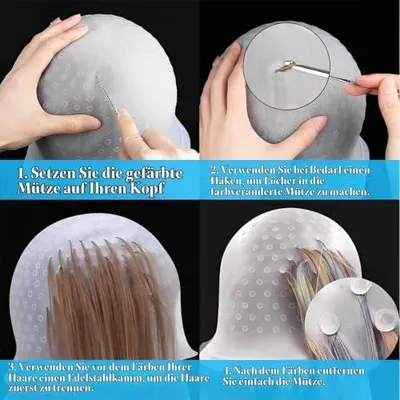 Produktbild von 1 Set Haarfärbemütze aus Silikon für Strähnchen, mit Pinsel und Nadel, für Frauen und Mädchen (Weiß)