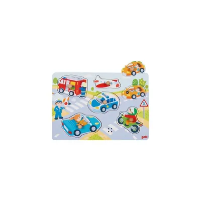 Zdjęcie produktu dla Goki Drewniane puzzle bąbelkowe pojazdy z dźwiękiem, 6 szt.
