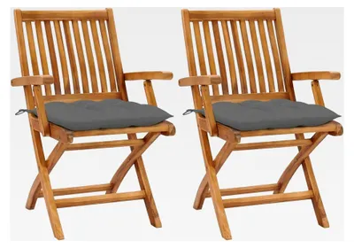 Produktbild von 2 Stück Gartenstuhl mit grauen Kissen, klappbar, Holzstuhl, Gartenmöbel aus Teak