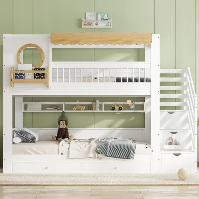 Image de OKWISH Lit Superposé Enfant 90x200 cm avec Escalier et Tiroirs - Lit Cabane en Bois Massif avec Étagères et Barrières de Sécurité - Blanc