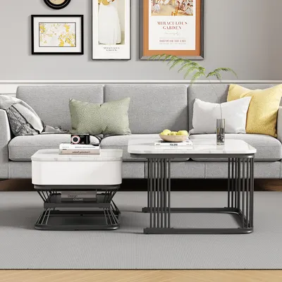 Produktbild von 2-teiliges Couchtisch-Set, Marmor-Hochglanz, 1 Schublade, geometrisch