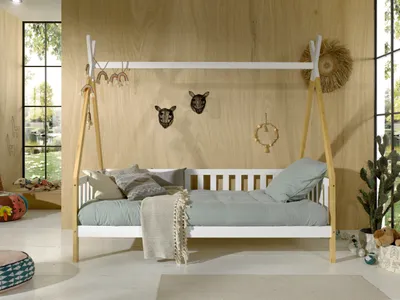 Produktbild von Vipack - Tipi Kojen Bett mit Umrandung, Dachgestänge und Rolllattenrost, Liegefläche 90 x 200 cm, Ausf. Kiefer massive natur und weiß lackiert