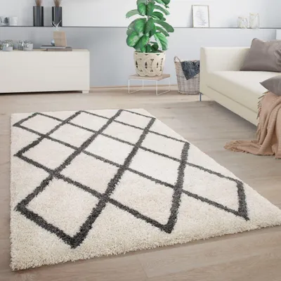 Produktbild von Paco Home Hochflor Teppich Wohnzimmer Shaggy Skandinavisches Muster Rautenmotiv Flauschig 120x160 cm