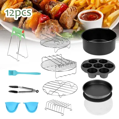 Produktbild von EINFEBEN Heißluftfritteuse Zubehör 7 Zoll 12tlg. Fritteuse Set inkl. Brotbackkorb Pizzapfanne Silikonpfanne Grillrost Spieße