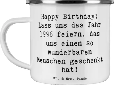 Produktbild von Mr. & Mrs. Panda Pott Spruch 1996 Geburtstag - Weiß - Geschenk, Jahrgangsgeschenk, Geburtsjahr, Geburtstagsgeschenk, Emaille Tasse, Emailletasse, Outdoor, Alter, Teetasse