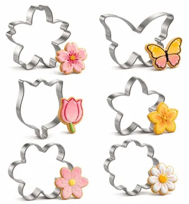 Produktbild von Ausstechformen Frühling Edelstahl 6 Stück Tulpe Kirschblüte Frangipani Gänseblümchen Sonnenblume Schmetterling