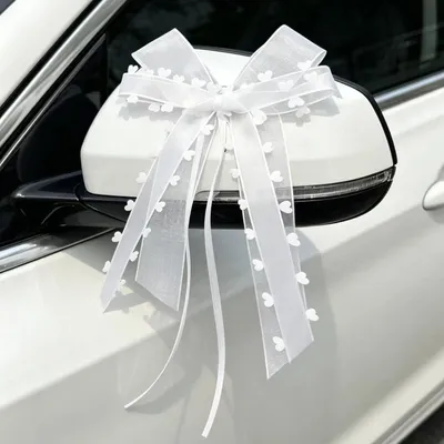 Produktbild von Hochzeitsauto-Schleifen – Set mit 10 Stück – Doppellagige Satinbänder – 13 x 18 cm – Dekoration für Brautauto und Geschenke – Weiß