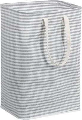 A tall, rectangular laundry basket with gray and white stripes and two white handles.