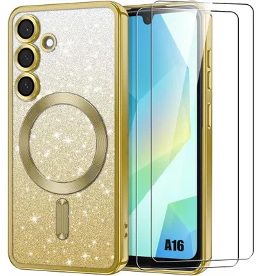 Image de Coque + 2 Verres Trempés pour Samsung Galaxy A16 5G/4G, Silicone avec Protection Objectif et Cercle Magnétique - Doré Pailleté