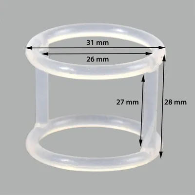 A close-up studio shot of a white silicone gasket with measurement indicators.