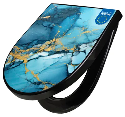 Produktbild von WC Sitz D-Form Schwarz mit Absenkautomatik Motiv Blauer Marmor mit Gold 2 [TDSCH3 13595]